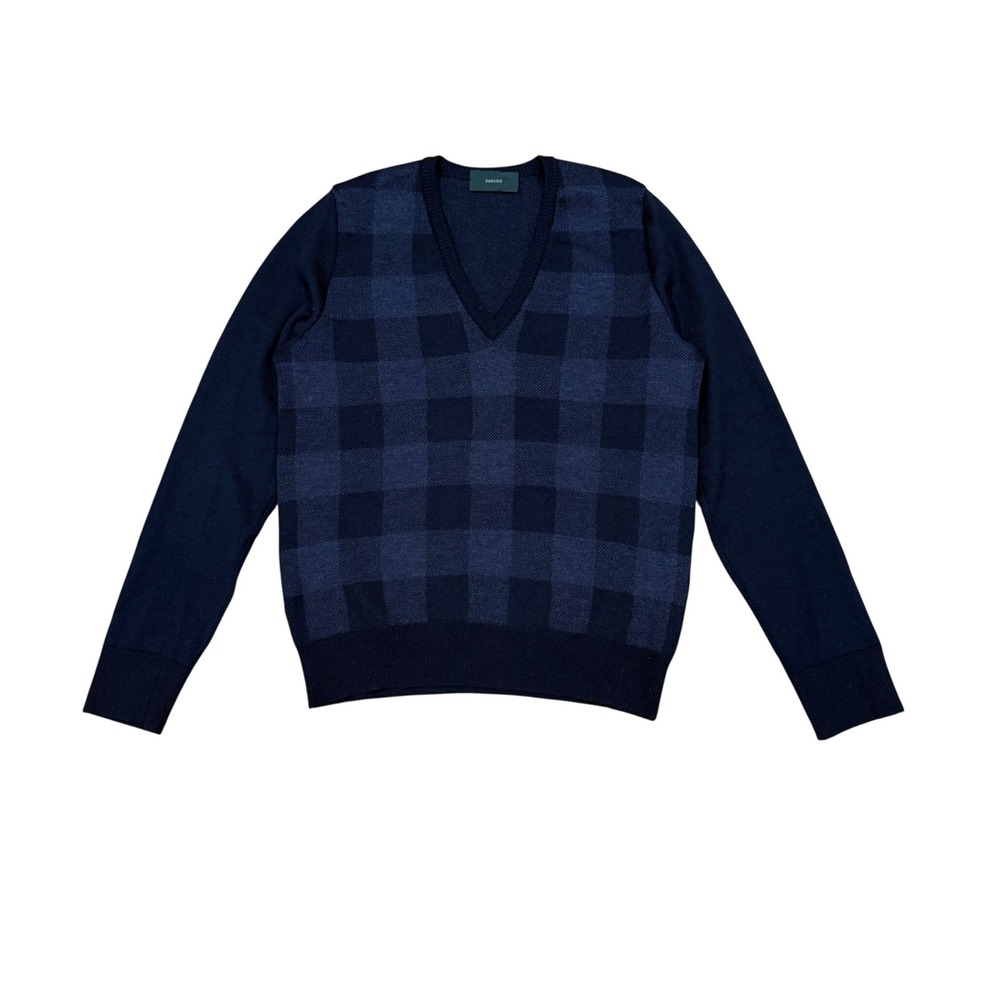 Zanone Mens V-Neck Wool Sweater Navy Blue Plaid Italy Sz 48 US Medium Preppy
